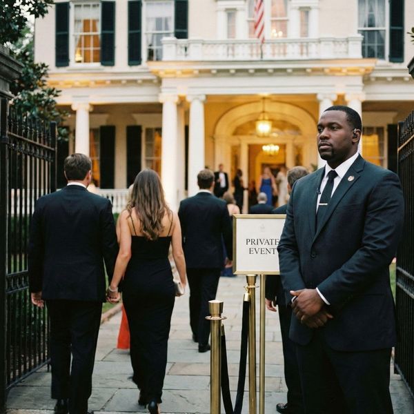 A discreet security professional standing near an event entrance.