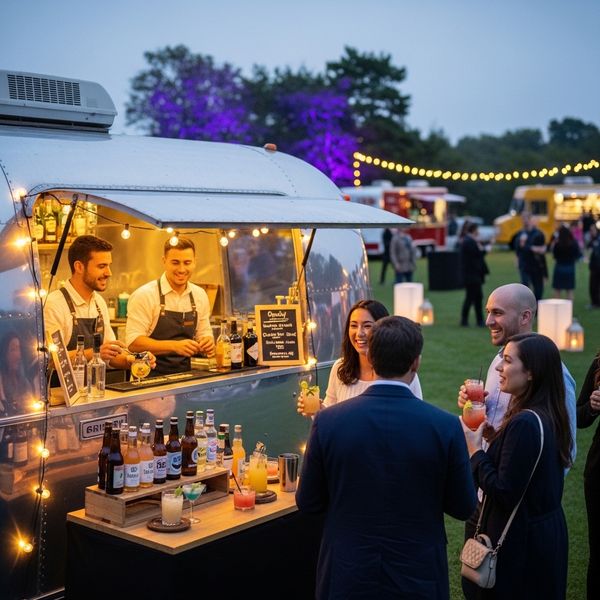 a busy mobile bar setup at a large event, with guests mingling freely and queuing without congestion.