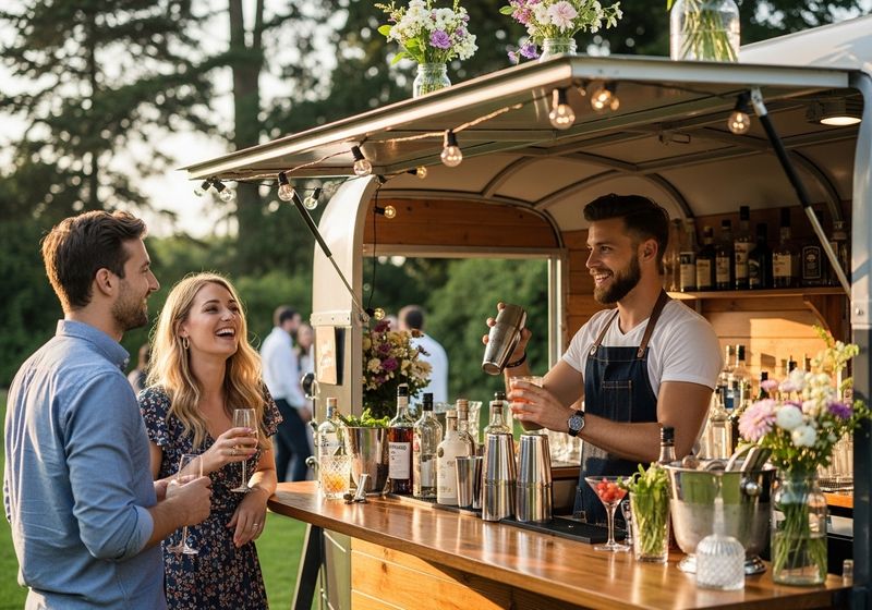 A stylish outdoor mobile bar at a social gathering, with a bartender serving guests in warm, natural light.