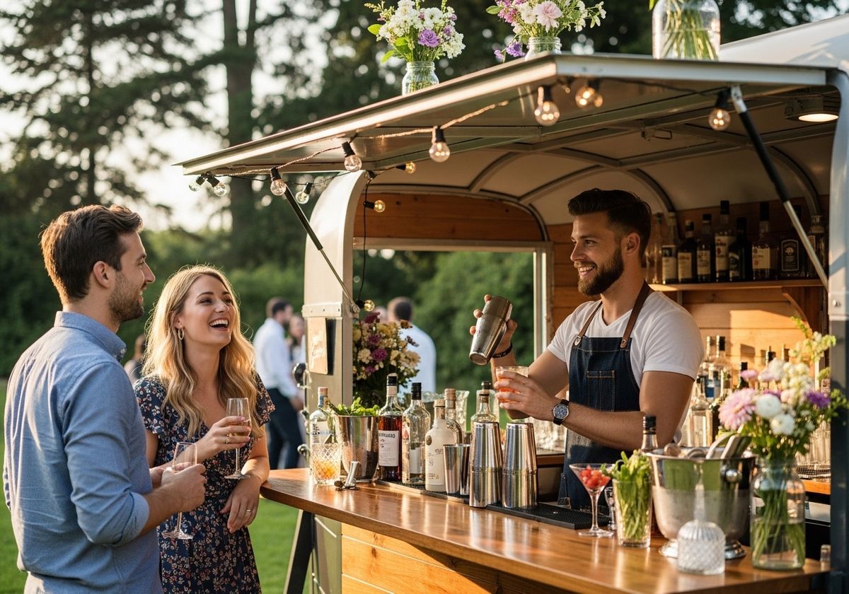 A stylish outdoor mobile bar at a social gathering, with a bartender serving guests in warm, natural light.