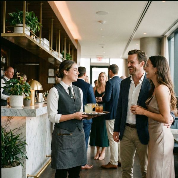 A server warmly interacting with guests at a stylish cocktail hour.