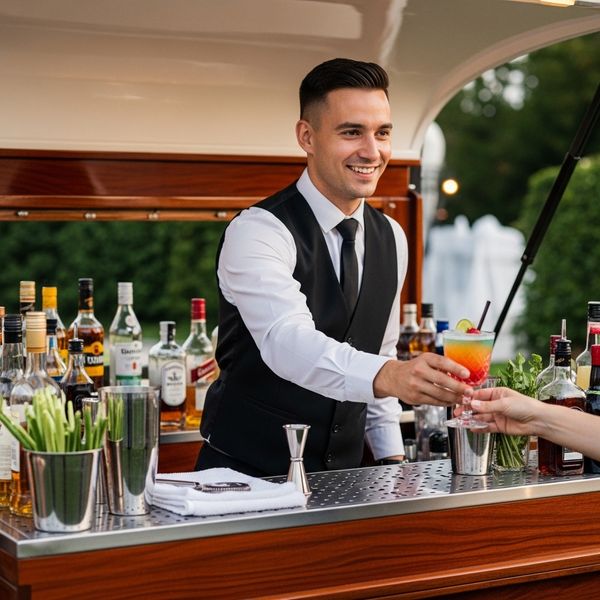 A professional bartender in a clean uniform smiles as he hands a cocktail to a guest across a well-organized bar.