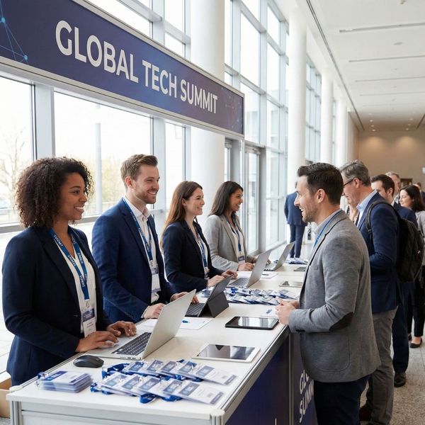 A professional team at a well-organized event check-in desk.