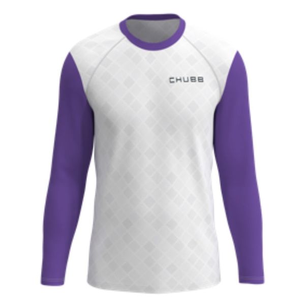 White sublimated crewneck with purple sleeves. 