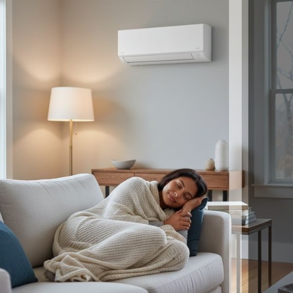 A woman in Knoxville comfortably sleeping on a sofa under a knit blanket, with a modern wall-mounted mini-split providing consistent indoor heat.