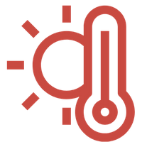 Red line art icon featuring a sun and a thermometer, representing temperature control and seasonal heating maintenance services.
