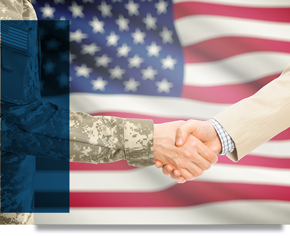 military man shaking hands with business man