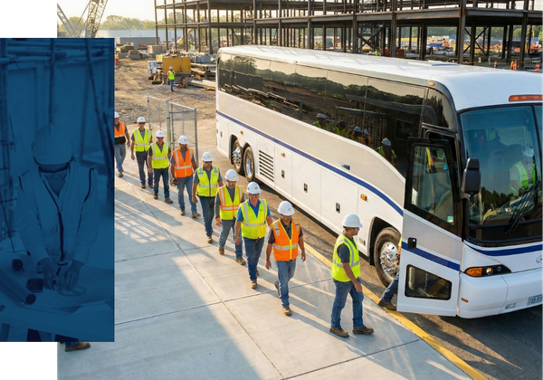 construction workers getting on a shuttle bus