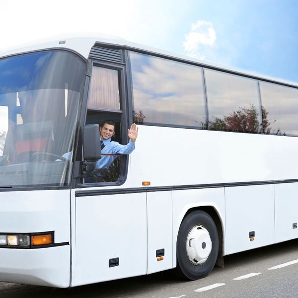 bus with driver waving