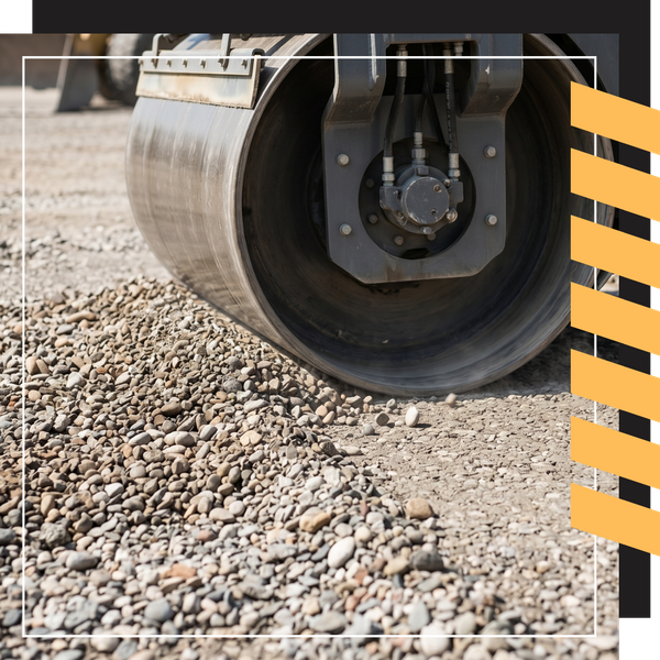 a road's compacted aggregate, and a roller compressing the gravel