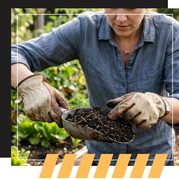 A close-up photograph capturing a person in gardening gloves examining a sample of nutrient-rich, dark topsoil in a garden scoop