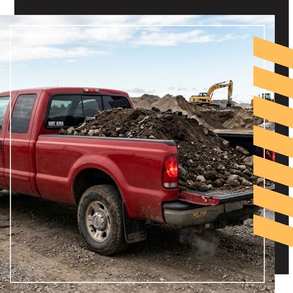 A ground-level photograph capturing a residential pickup truck full of soil and rock reversing towards a designated clean fill drop-off point