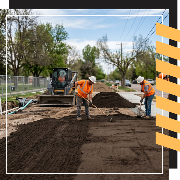 utility work site with smooth graded soil, workers leveling topsoil