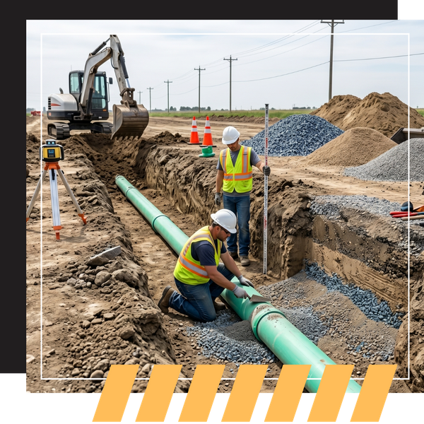Construction sequence showing trenching and a pipe