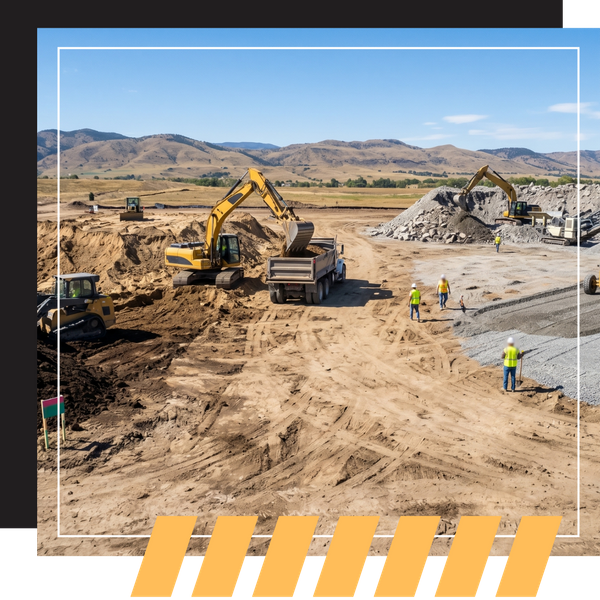 a construction site with zones for fill dirt, topsoil, recycled concrete, and gravel