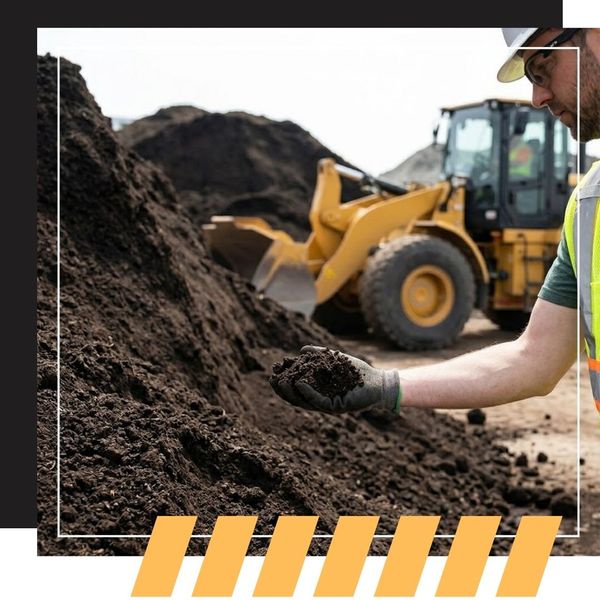 A detailed, close-up photograph capturing a contractor’s gloved hand examining a sample of dark, rich river-bottom topsoil sourced from a massive stockpile