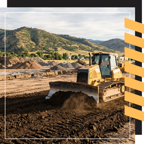 a bulldozer smoothing topsoil at an open construction site