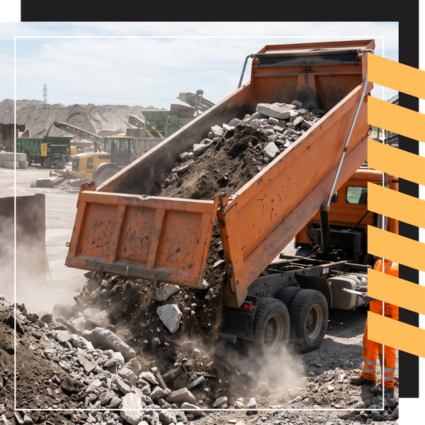 a dump truck unloading clean concrete and soil at recycling yard