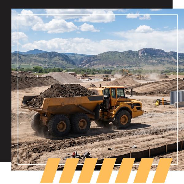 a dump truck hauling dirt across large jobsite