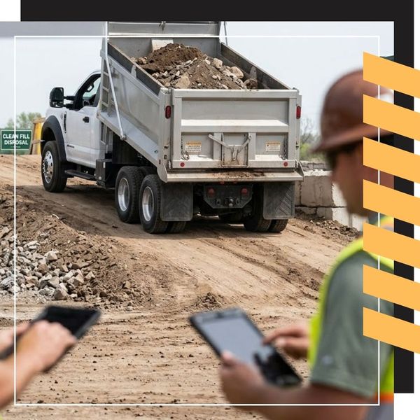 An industrial photograph focusing on a tandem-axle dump truck reversing to drop off uncontaminated soil and rock in a designated clean fill area