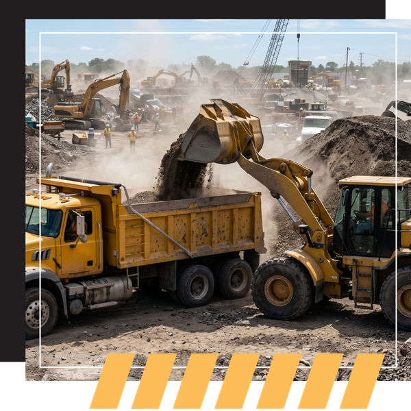 a dump truck being loaded by front-end loader