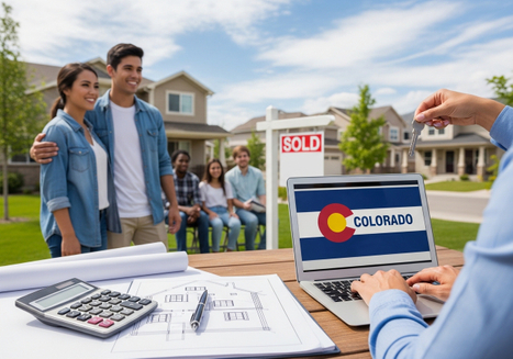 A young couple stands proudly in front of their new Colorado home, as a realtor presents them with the keys, with the Colorado state flag on the laptop in the foreground. New Colorado Homeowners