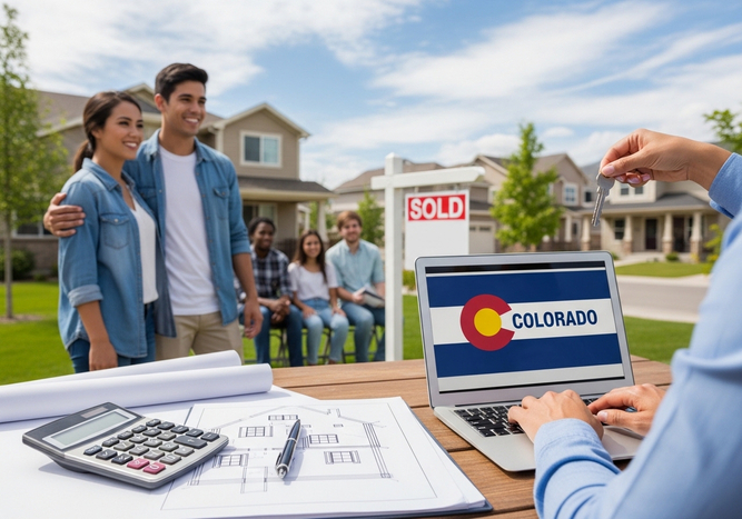 A young couple stands proudly in front of their new Colorado home, as a realtor presents them with the keys, with the Colorado state flag on the laptop in the foreground. New Colorado Homeowners