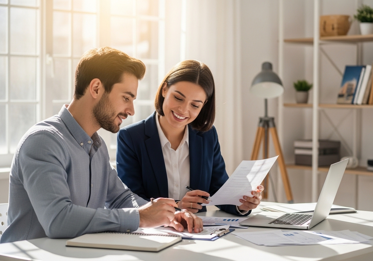 Two business professionals review documents at a bright office desk