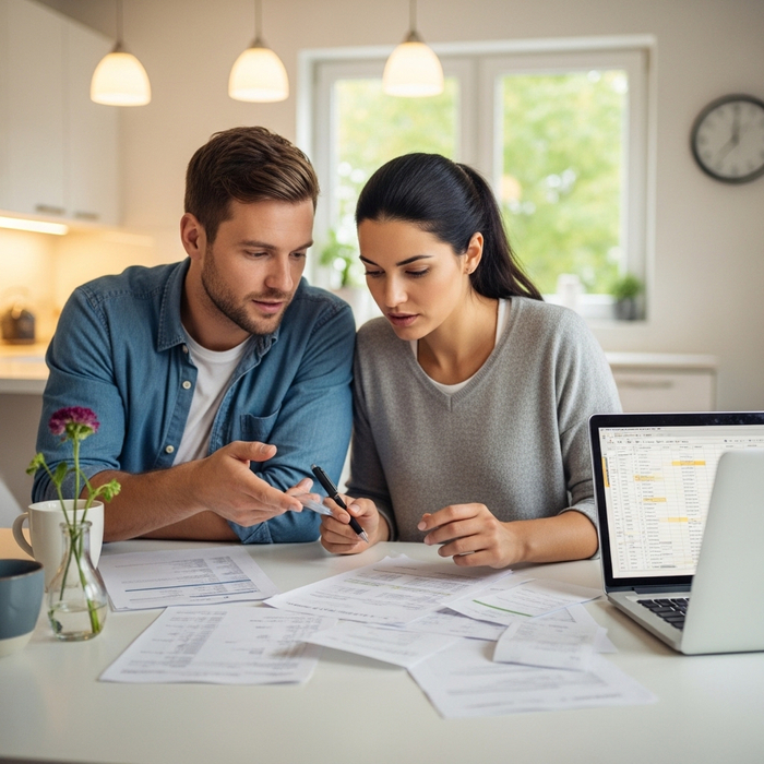 Focused couple discussing finances at a kitchen table with papers.