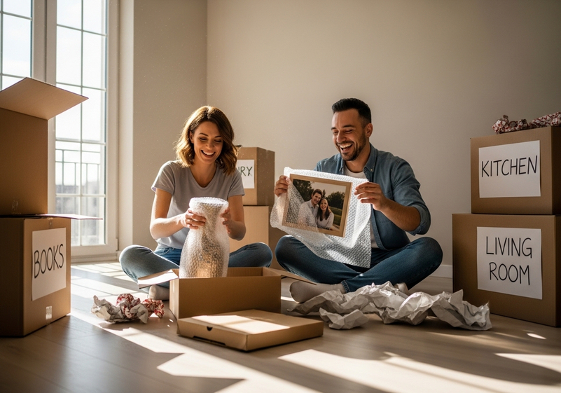 Happy couple sitting on floor unpacking boxes in new home.