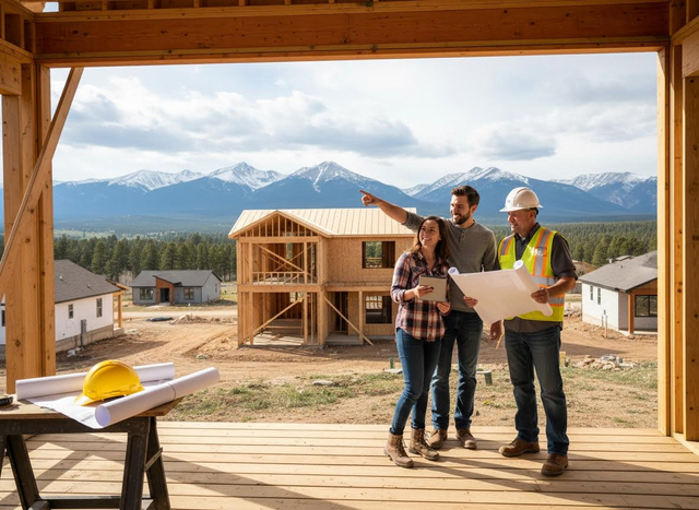 Couple and Contractor Discuss New Home Plans at Mountain Construction Site