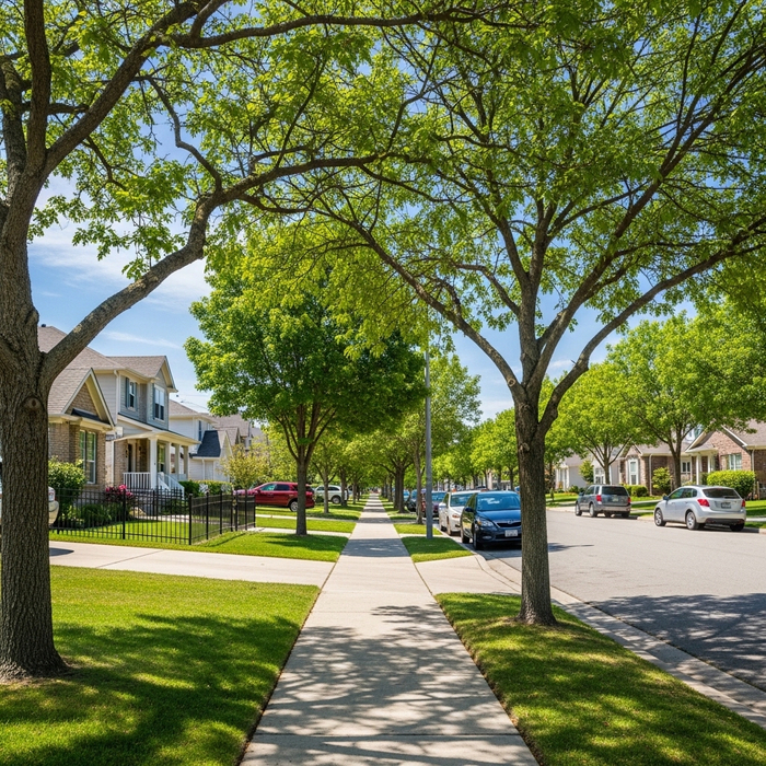 A quiet, tree-lined street in a Weld County neighborhood showing available housing options.