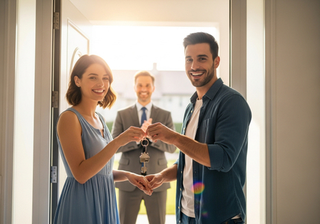 A happy couple stands at the entrance of their new home, receiving keys from a real estate agent. They are all smiling, radiating joy and accomplishment. The keys feature a small house-shaped keychain, symbolizing homeownership. Couple Receiving New House Keys