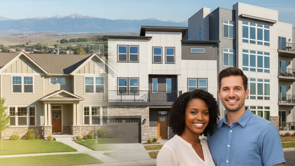 A couple standing in front of houses.
