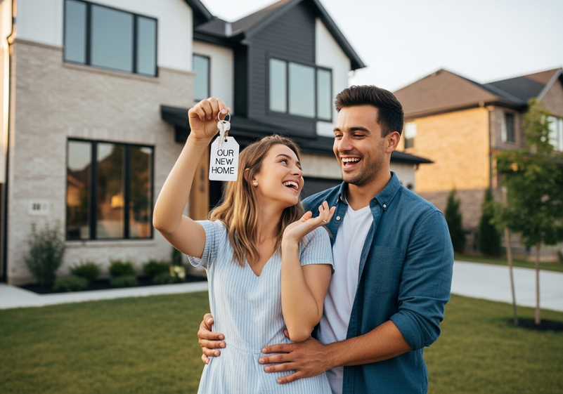 A happy couple stands in front of their new home holding keys, representing the success of using the Colorado Home Grant.