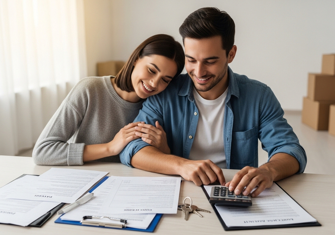 A smiling young couple sits at a table with contracts and a calculator, surrounded by moving boxes, as they calculate the costs associated with their new home. The woman rests her head on the man's shoulder with her hand over his, while he uses the calculator. Young couple calculating moving costs in new home