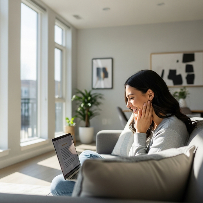 A woman looks relieved while checking her finances on a laptop, symbolizing the financial relief of a non-repayable grant.