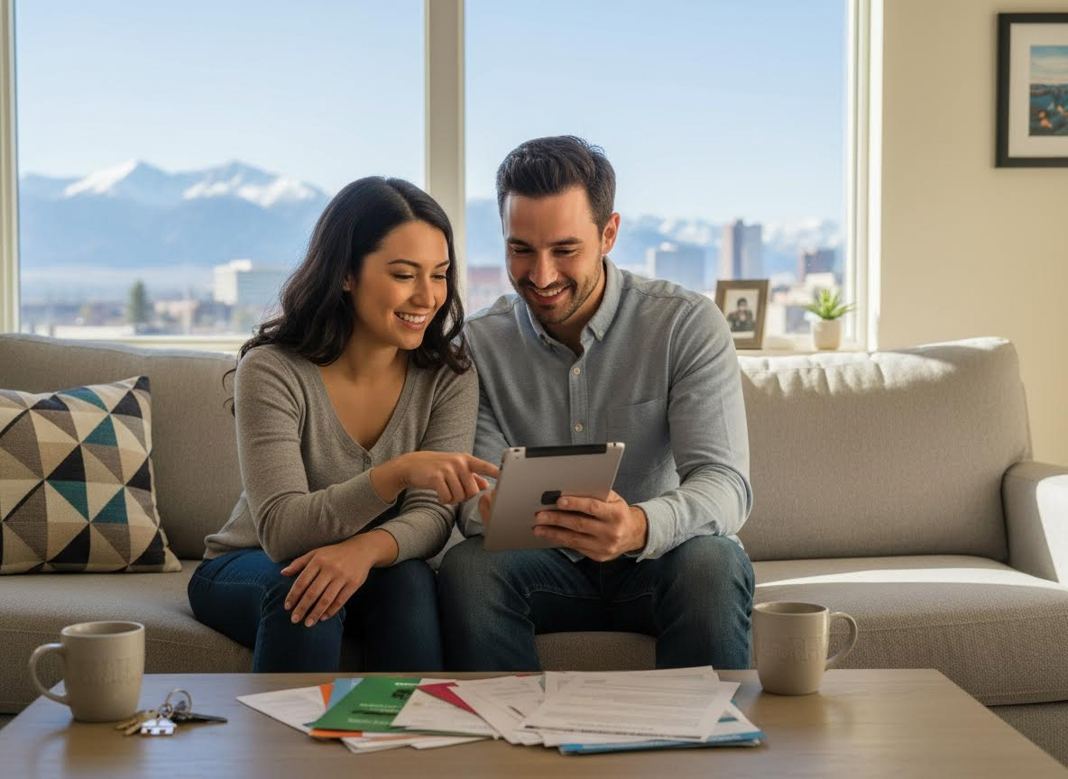 Couple reviewing finances on tablet at home