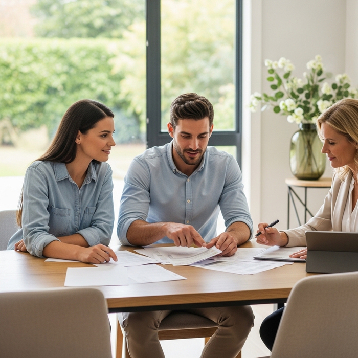 two homeowners going over paperwork with a realtor