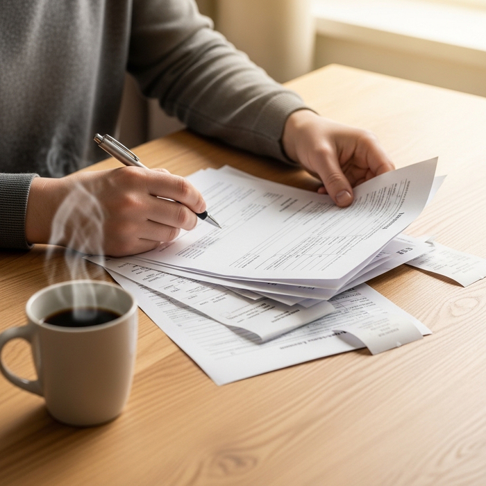 A close-up view of important home buying documents being reviewed on a table.