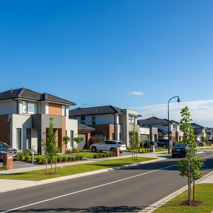 Modern suburban street with new houses under clear blue sky.