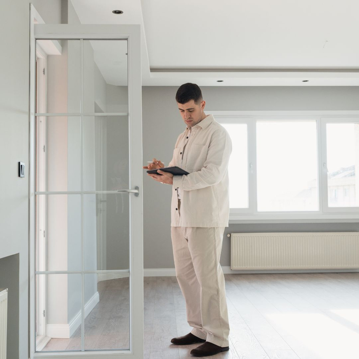 inspector looking at door