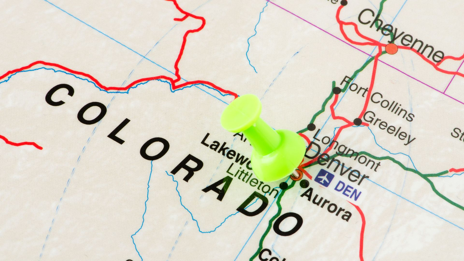 Map of Colorado with a pin in Denver