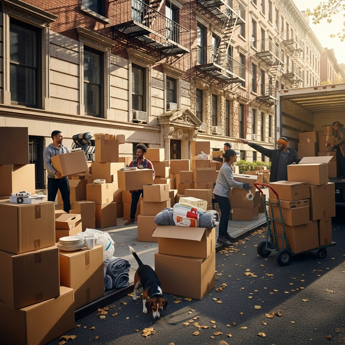 Busy moving day with cardboard boxes stacked outside apartment building.