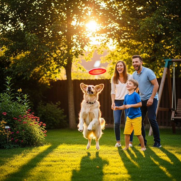 Young family playing with dog in sunny green private backyard.