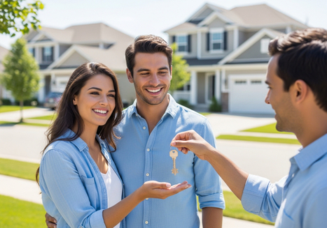 A smiling young couple stands in front of their new house, receiving the keys from a real estate agent. The house is a two-story home with a gray exterior and a white garage door. The couple is dressed casually, and they both look happy and excited. The image conveys a sense of accomplishment and the joy of homeownership. Young couple receiving keys to their new home