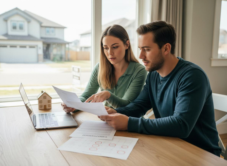 A young couple intently reviews documents at a table with a laptop, miniature house, and papers, likely for home buying or finances. Couple Reviewing Home Documents and Finances