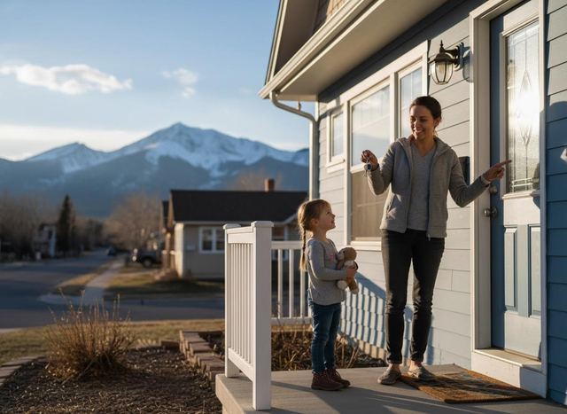 Woman and girl on porch with house keys