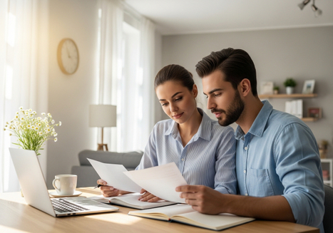 A young couple, a woman with her hair pulled back and a bearded man, sit at a wooden table at home reviewing documents. They are both dressed in light blue shirts and are focused on the papers in their hands. A laptop, a mug, and a vase of flowers are also on the table, with a softly lit living room visible in the background. Couple reviewing paperwork at home