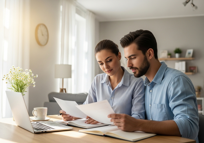 A young couple, a woman with her hair pulled back and a bearded man, sit at a wooden table at home reviewing documents. They are both dressed in light blue shirts and are focused on the papers in their hands. A laptop, a mug, and a vase of flowers are also on the table, with a softly lit living room visible in the background. Couple reviewing paperwork at home